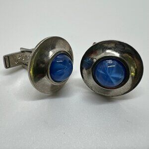 Vintage Signed Lisa Silver Tone Blue Art Glass Round Estate Cufflinks